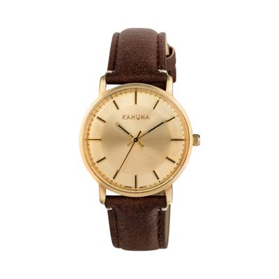 Ladies pale gold vintage case brown strap watch kls-0326l